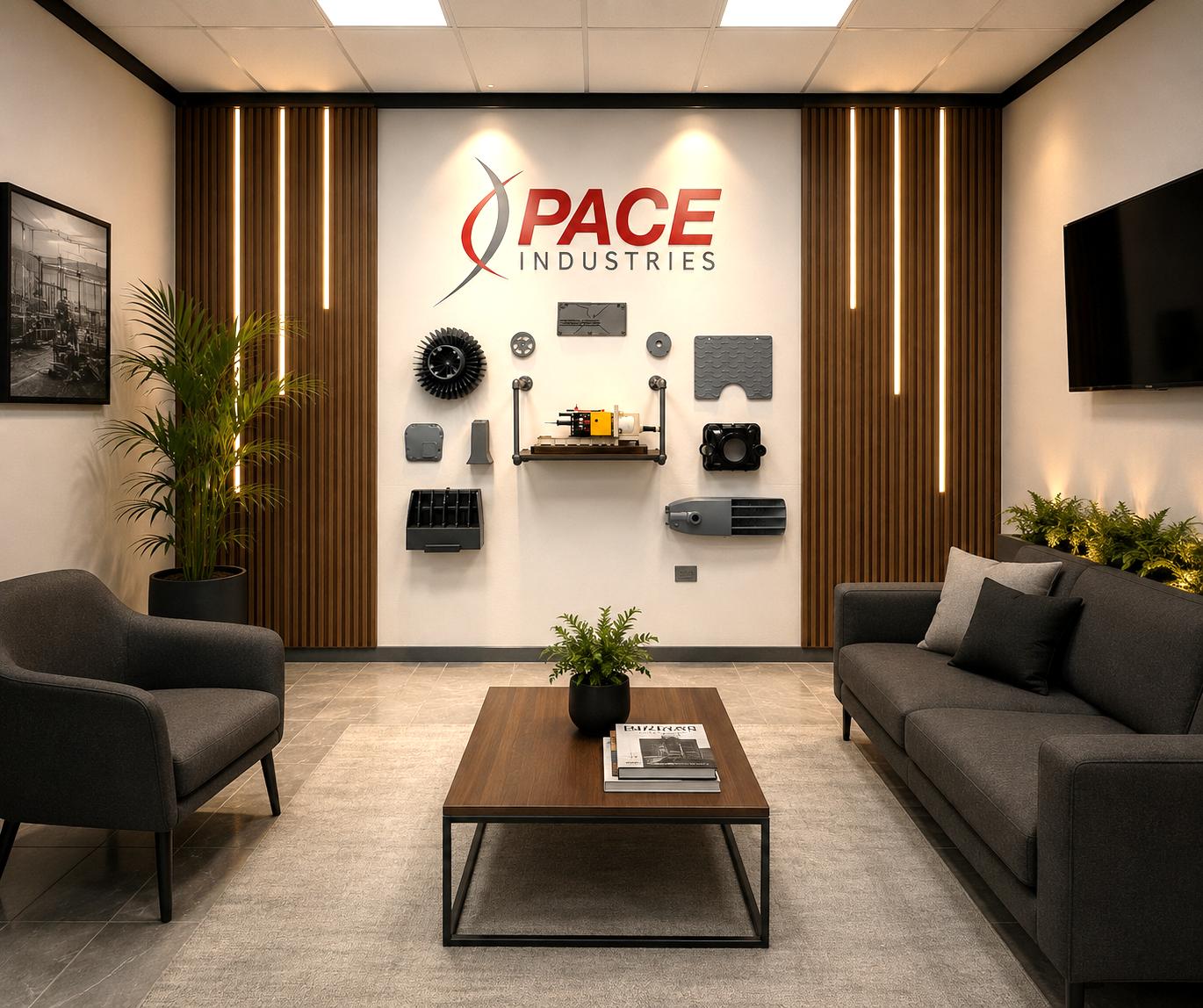 Recepción de PACE Industries con madera, luz cálida y vegetación