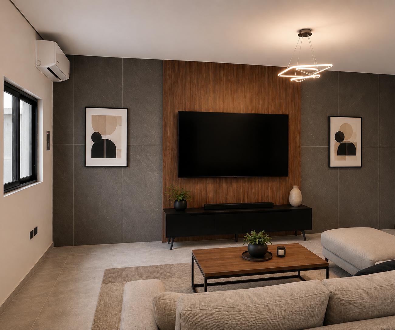 Sala de departamento ROSEI con madera, concreto y tonos neutros